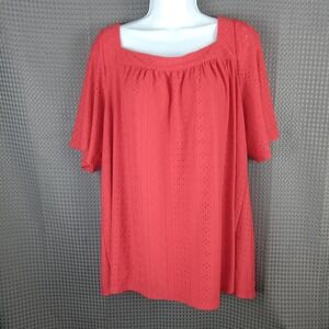 AGB Woman Red Eyelet Square Neck Blouse Plus Size 2X Short Sleeve Classy Office